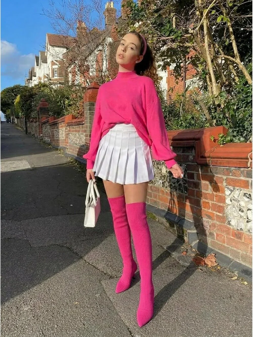 Women's Pink Pointed Toe Synthetic High Heel Stretch Over The Knee Knit Boots